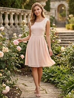 Coco Love Blush Pink Chiffon Fit & Flare Dress with Cream Floral Lace XS/ S(jrs)